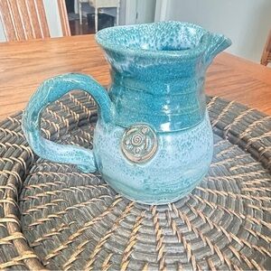 Handcrafted Blue Pitcher w/turtle stamp, Signed